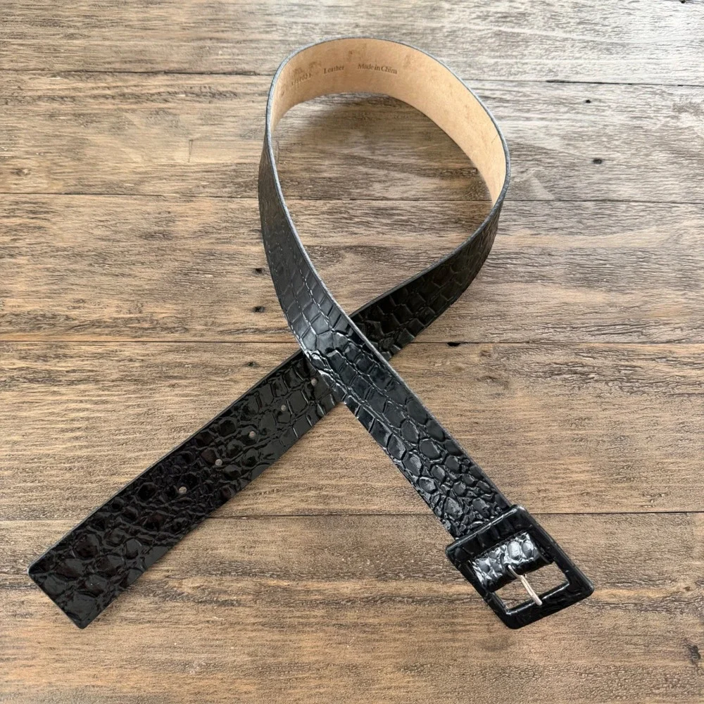 Black Crocodile Embossed Patent Leather Belt Wide Matching Buckle Medium 32